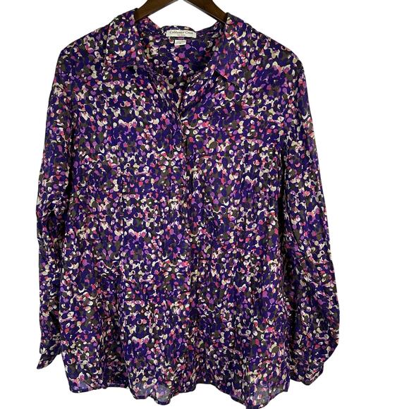Coldwater Creek Cotton Lawn No Iron Button-up Long Sleeve Top Purple 1X Abstract - Picture 1 of 8